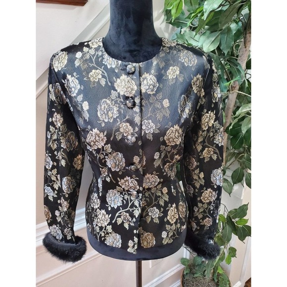 Crimson by Lawrence Kurtz Black Floral Long Sleeve Buttons Front Jacket Blazer 6 - Picture 2 of 12